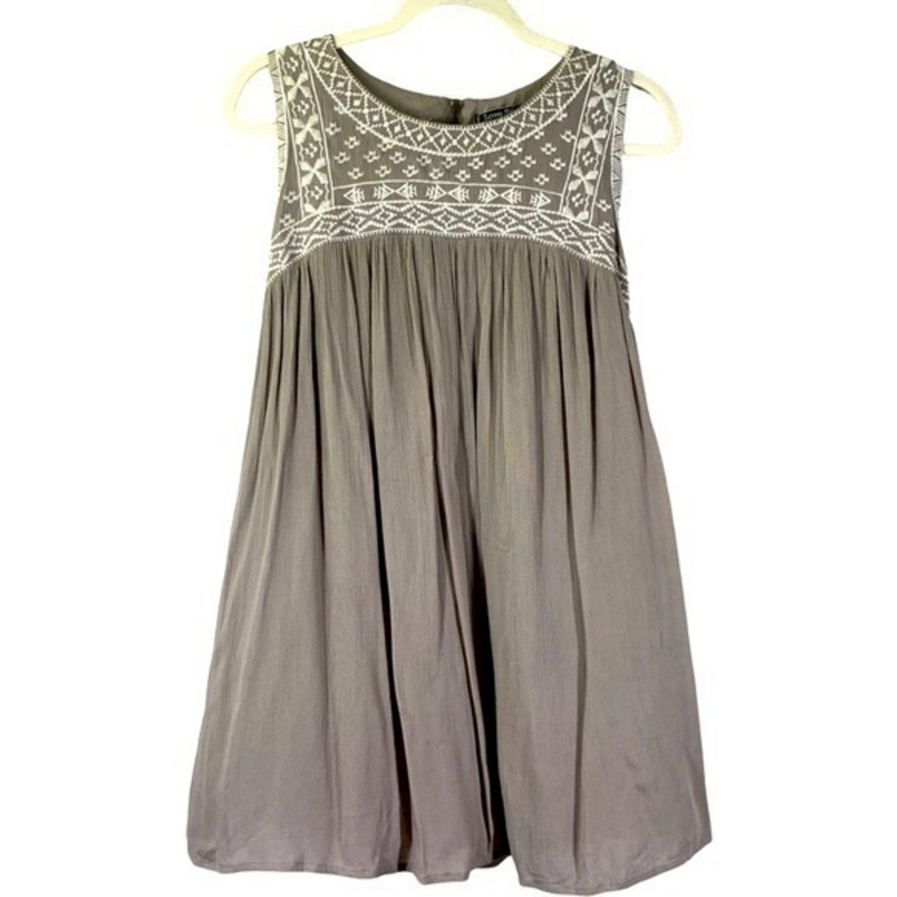 LOVE STITCH Taupe Embroidered Sleeveless‎ Mini Trapeze Dress